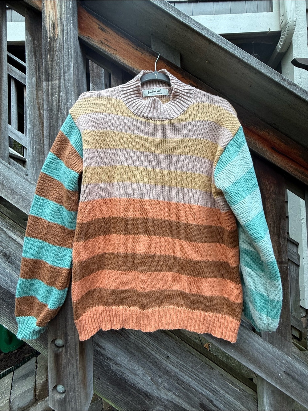 Three Bird Nest Striped Crewneck Sweater in Teal, Coral, Brown & Cream